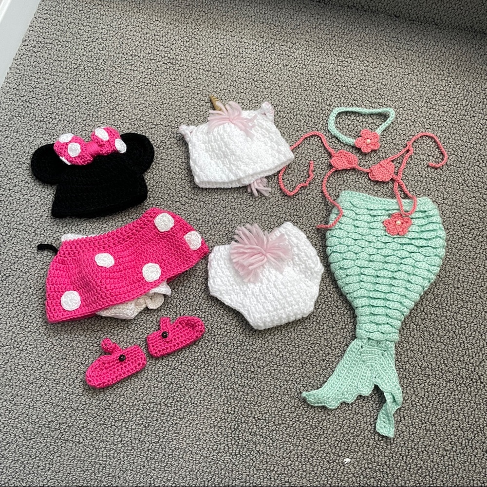 Newborn baby girl photo shoot outfits. Minnie mouse, unicorn, mermaid. Infant.